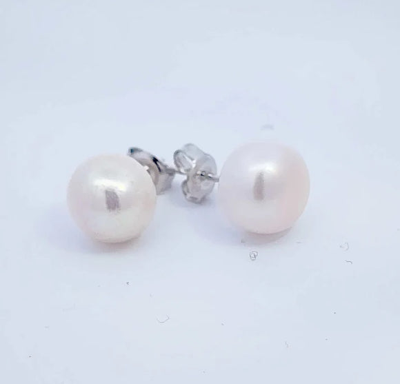 STEW-208, Sterling Silver Pearl Stud Earrings Push Back-silver color, 8mm width
