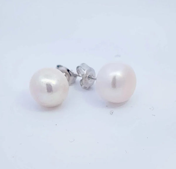 STEW-208, Sterling Silver Pearl Stud Earrings Push Back-silver color, 8mm width