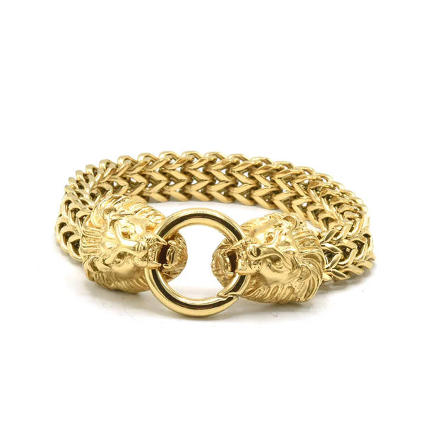 SBM-561, Men Stainless Steel 2 Lion Heads Bracelet- 8.5'' length. 12mm width, 5mm thick