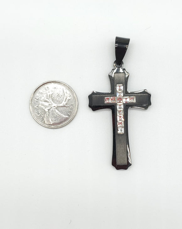 SP-839, Stainless Steel Cross Pendant With CZ stone, black, 30mm thick, 65mm high, 5mm thick