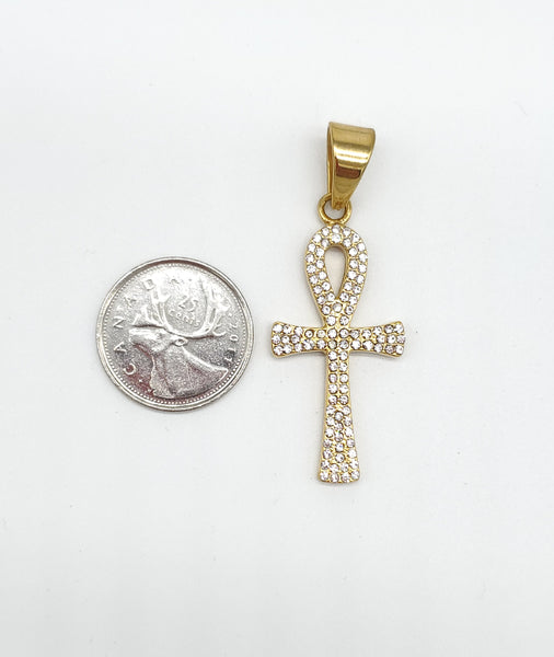 SP-759, Stainless Steel Bling Bling Ankh Pendant- gold or silver color, 20mm width, 55mm high, 2mm thick
