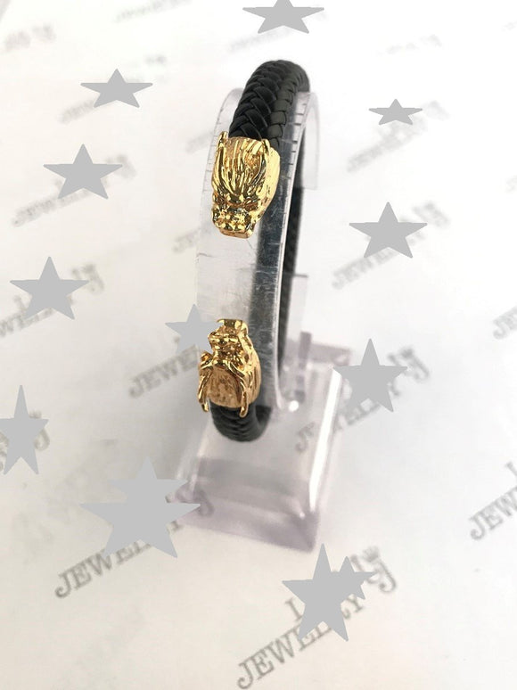 LBM-387,Stainless Steel Lion Head Leather Bangle-Gold or silver color, Width-8mm,Length-55mm