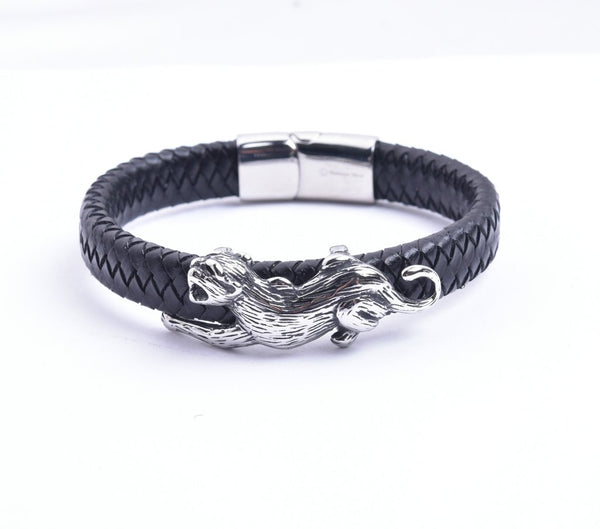 LBM-446, Stainless Steel Leopard Leather Bracelet-silver color, Width-12mm,Length-8.5''