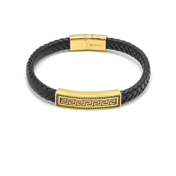 LBM-504,Stainless Steel Greek Key Leather Bracelet-gold color, Width-8mm,Length-8''