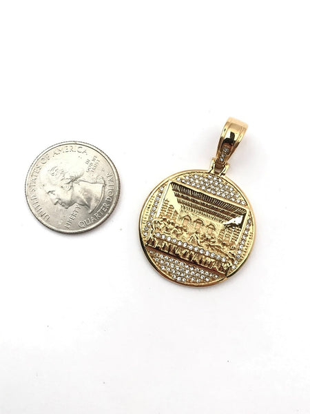 SP-773,Stainless Steel Last Supper Pendant-gold or silver color, 30mm round, 45mm high, 3mm thick