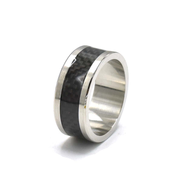 SRM-413,Stainless Steel CZ Wedding Band Ring-Silver Black Color-9mm Width, 2mm Thick
