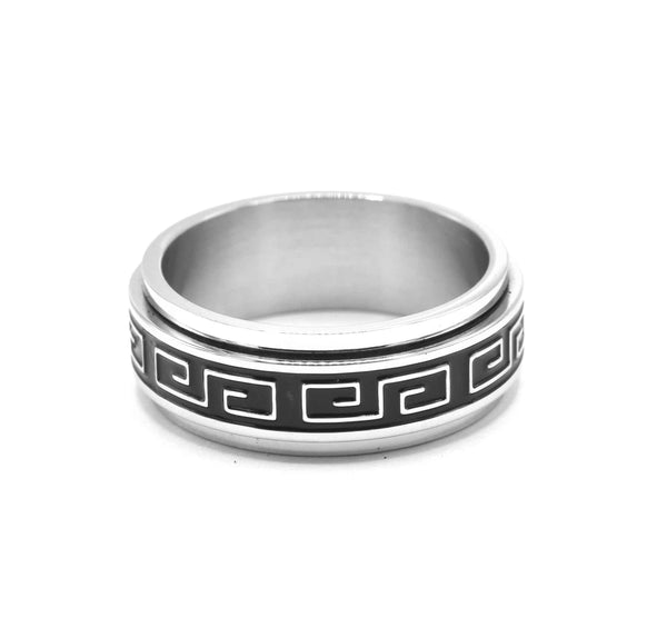 SRM 455,Stainless Steel Greek Key Ring-Silver Black color, 8mm Width, 2mm thick