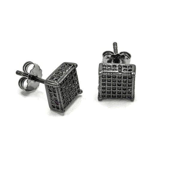 STEM-29, Men 925 Sterling Silver Push Back Stud Earrings- 6MM Square Black Color