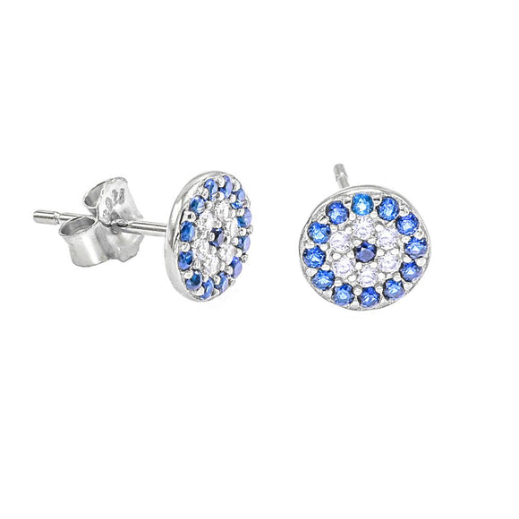 STEW-251, Sterling Silver Evil eye Stud Earrings Push Back-silver color, 7mm W. 7mm H. 1mm T.