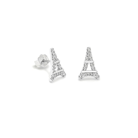 STEW-693, Sterling Silver Eiffel Tower Stud Earrings Push Back-3mmX10mm