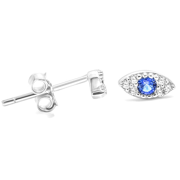 Stew-873, Sterling Silver Evil Eye Stud Earrings Push Back- silver color, 6mm W. X 3mm H. X 2mm T.