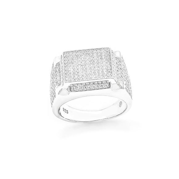 STRM-71, Men S925 Sterling Silver Icy Out Bling Bling Rectangle Shape ring- Silver color